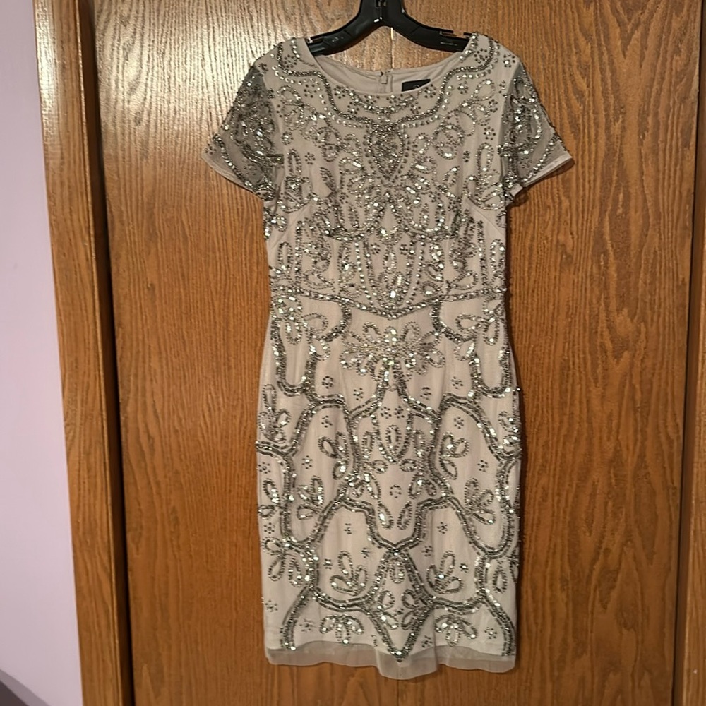 Adrianna Papell Silver Embellished Midi Dress
